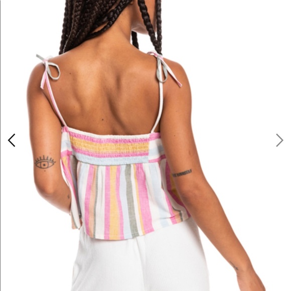 Roxy Pink, White, Yellow Striped Button Midriff Tank Top - Picture 5 of 11
